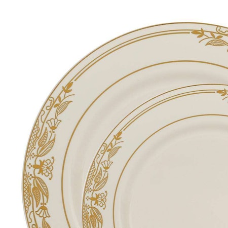 Smarty Had A Party Ivory w/Gold Harmony Rim Plastic Dinnerware Value Set (120 Dinner Plates + 120 Salad Plates), 240PK 640GVP-CASE